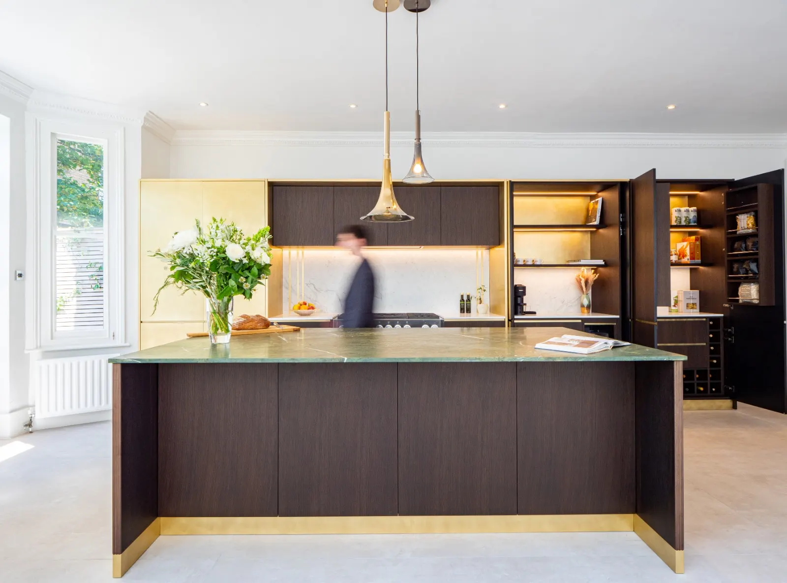Westover kitchen with timber island, green marble and brass details
